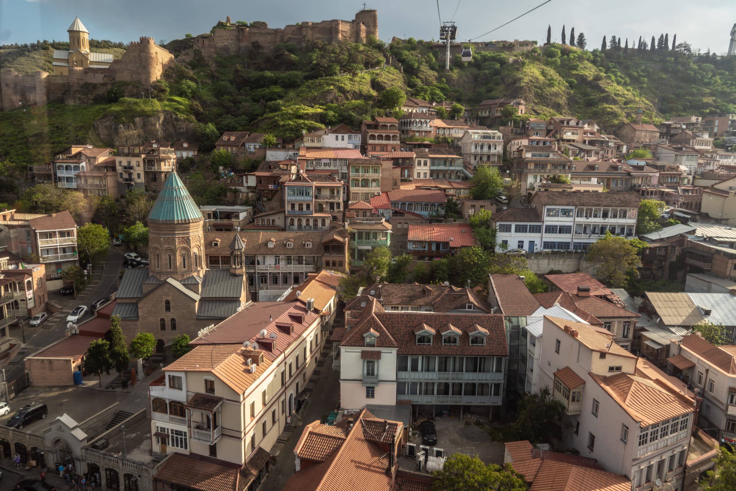 Tbilisi Old Town with Narikala Fortress and cable car, Georgia